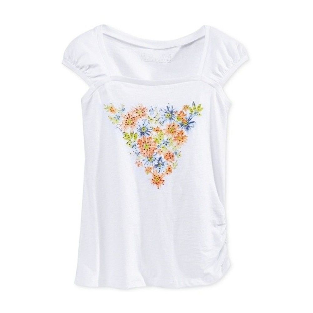 New! GUESS Girls' Rhinestone Floral Logo Cotton Top Tee T-Shirt Blouse White
